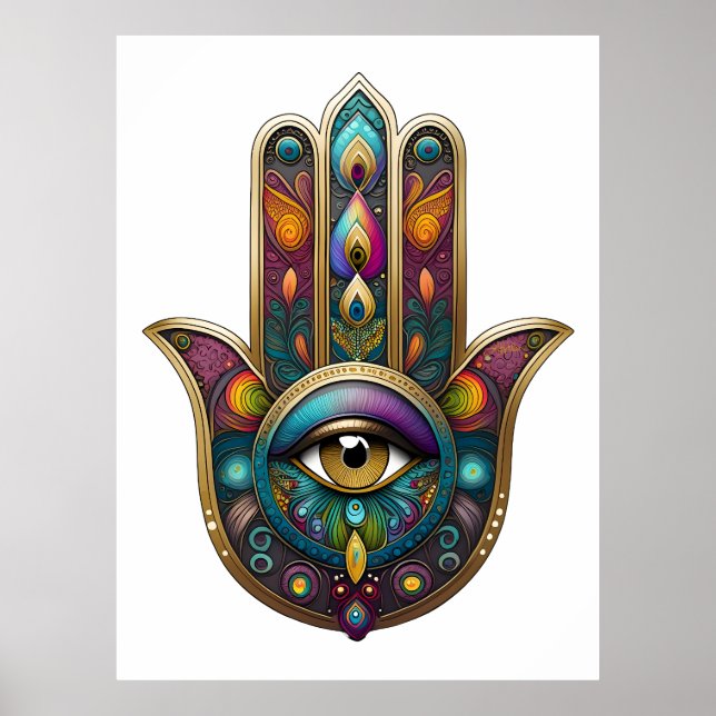 Poster Peacock Colors Hamsa w/ Gold Third Eye (Frente)