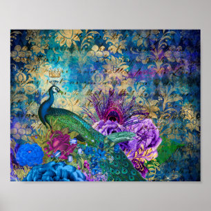 Poster Peacock Cortado na Floral Azul