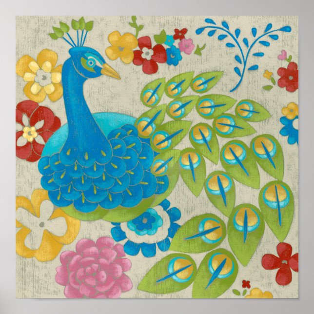 Póster Peacock e Flores Coloridas (Frente)