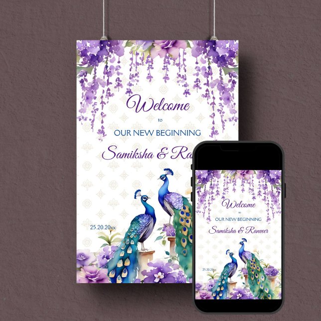 Poster Peacock flores roxas, sinal de boas-vindas ao casa (Peacocks purple flower garden Indian wedding welcome sign editable template poster digital download)