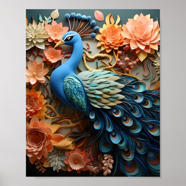 Poster Peacock Flower Garden Paper recortado Design Art (Frente)