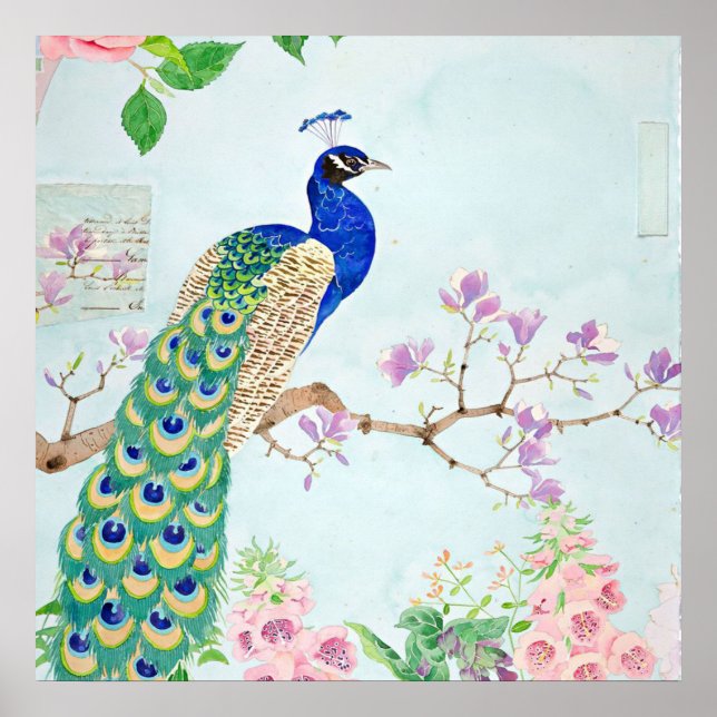 Poster Peacock Graphic | Blue And Yellow Peacocks (Frente)