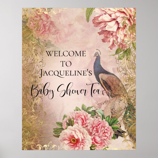 Poster Peacock Peony Floral Blush Rosa Dourado Decoupage  (Frente)