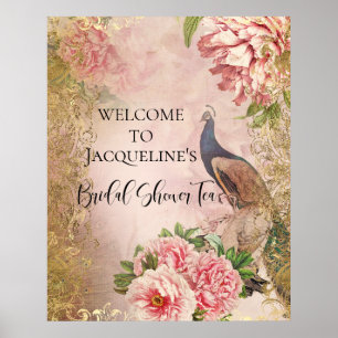 Poster Peacock Peony Floral Rosa Dourada Tea