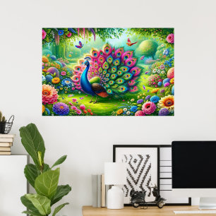 Poster Peacock vibrante em pintura de jardim fantasia