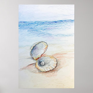 Poster Pearl In Clam Shell Ocean Beach Waves 