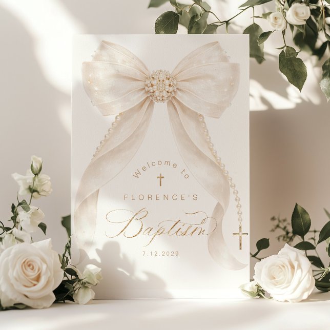 Poster Pearls Gold Bow Girl Baptism Welcome (Criador carregado)