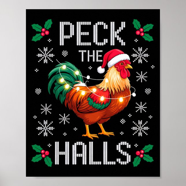 Poster Peck The Halls Chicken Christmas Lights Snowflakes (Frente)