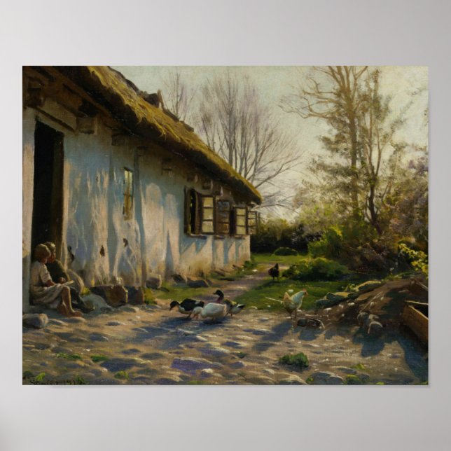 Poster Peder Monsted - Crianças alimentando patos no nasc (Frente)