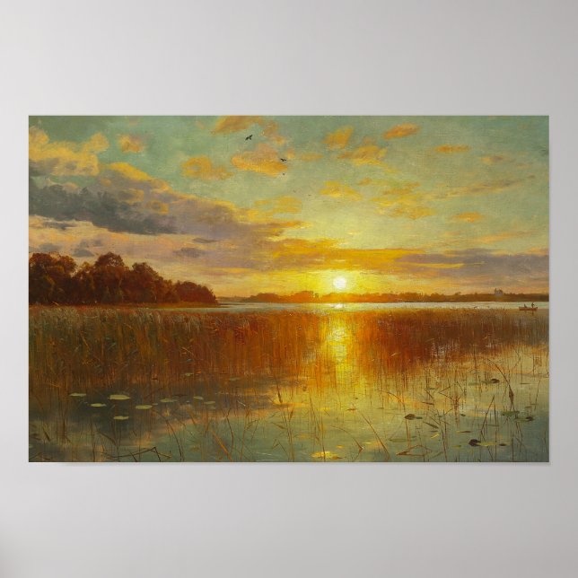 Poster Peder Monsted - Sunset sobre um fiorde dinamarquês (Frente)