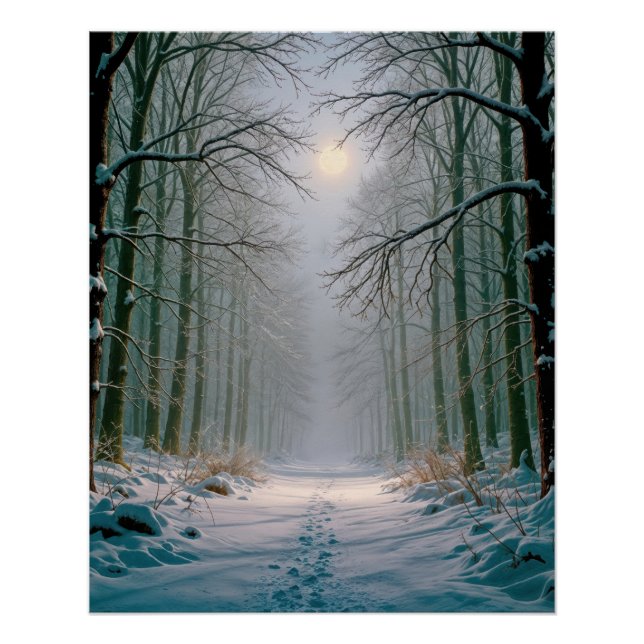 Póster Pegadas ao Luar em uma Floresta Nevada (Frente)