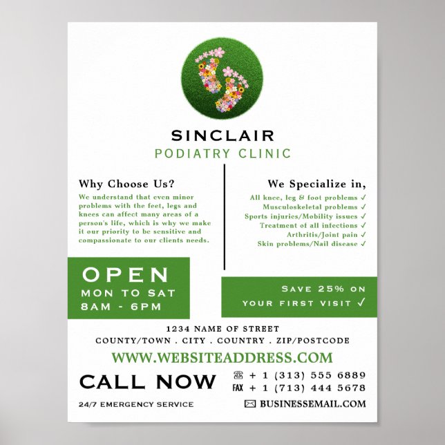 Poster Pegadas Florais, Clínica Podiatral, Podiatra (Frente)