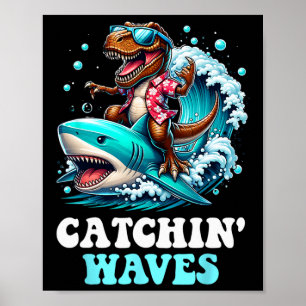 Poster Pegando Ondas T-rex Dinossauro Cavalgando Tubarão