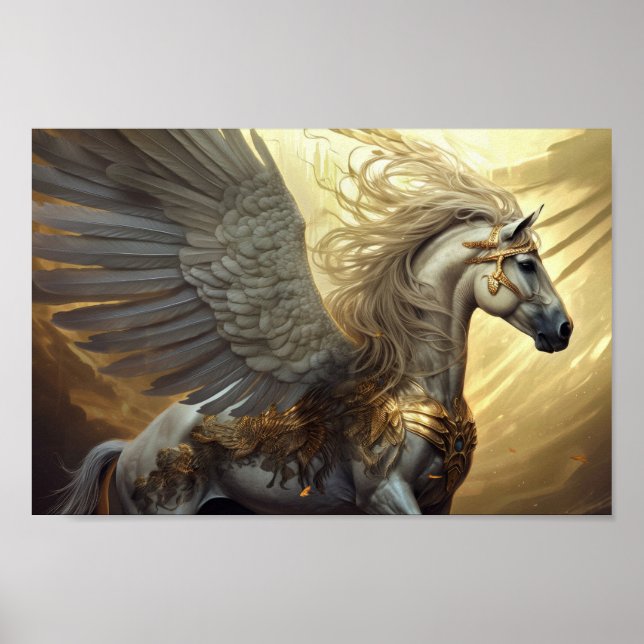 Poster Pegasus, o cavalo alado em Goldes e Cinzentos (Frente)