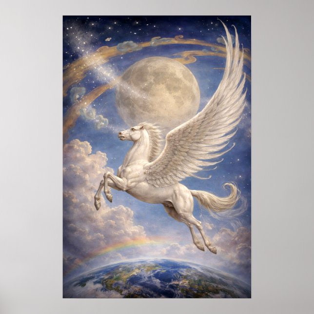 Poster Pégasus Voando Entre a Terra e a Lua Arte Fantasia (Frente)
