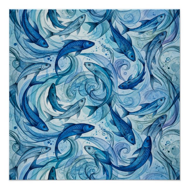 Póster Peixe Azul Místico Flutuando em Harmonia (Frente)