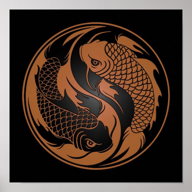 Póster Peixe de Yin Yang Koi, castanho e preto (Frente)