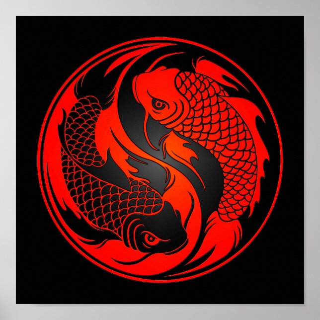 Poster Peixe de Yin Yang Koi, vermelho e preto (Frente)