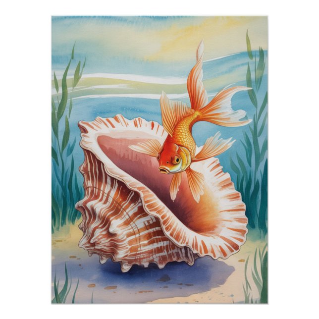 Póster Peixe-dourado-aquarela-coral (Frente)