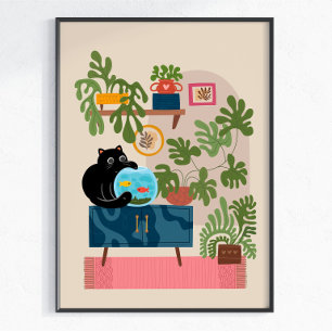 Poster Peixe Dourado Gato Preto Amante de Gatos Divertido