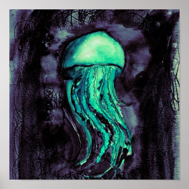 Póster Peixe-Geleia Teal Watercolor (Frente)