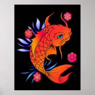 Póster peixe koi e flores