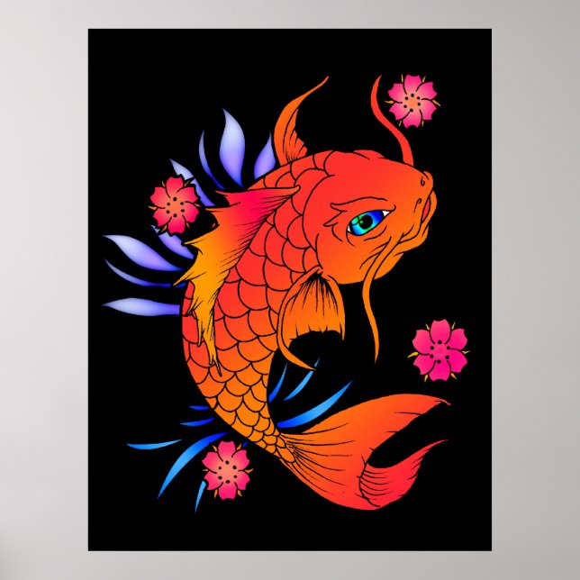Póster peixe koi e flores (Frente)
