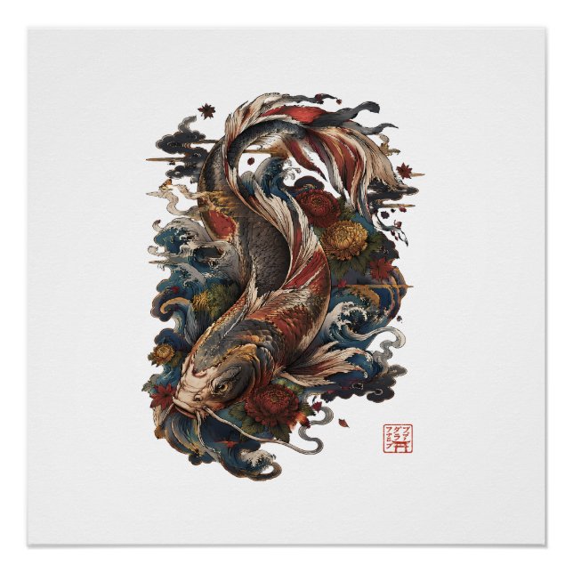Póster Peixe Koi Japonês | Tatuagem Tradicional Japonesa (Frente)