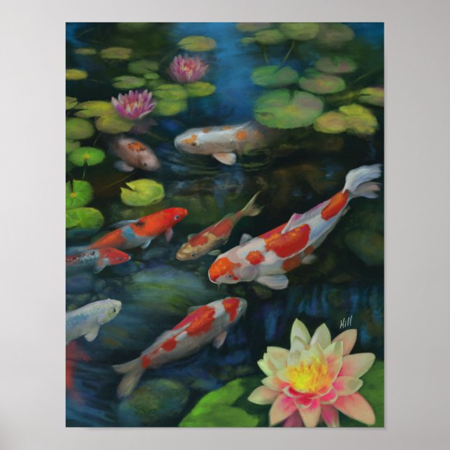 Poster Peixe Koi Nadando Lotus Flower Pond Zen Paisagem (Frente)