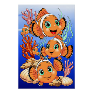 Póster Peixe palhaço Desenho animado Fofo Família Subaquá