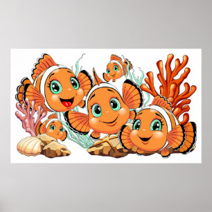 Poster Peixe palhaço Desenho animado Fofo Família Subaquá