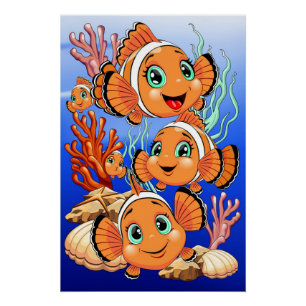 Póster Peixe palhaço Desenho animado Fofo Família Subaquá