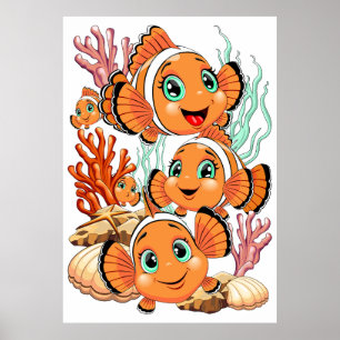 Poster Peixe palhaço Desenho animado fofo Família Subaquá