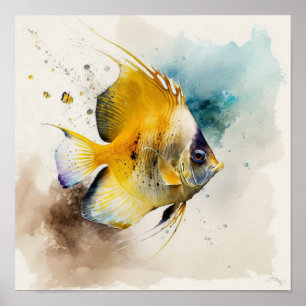 Poster Peixe Tropical Dourado com Aquarela Teal Suave