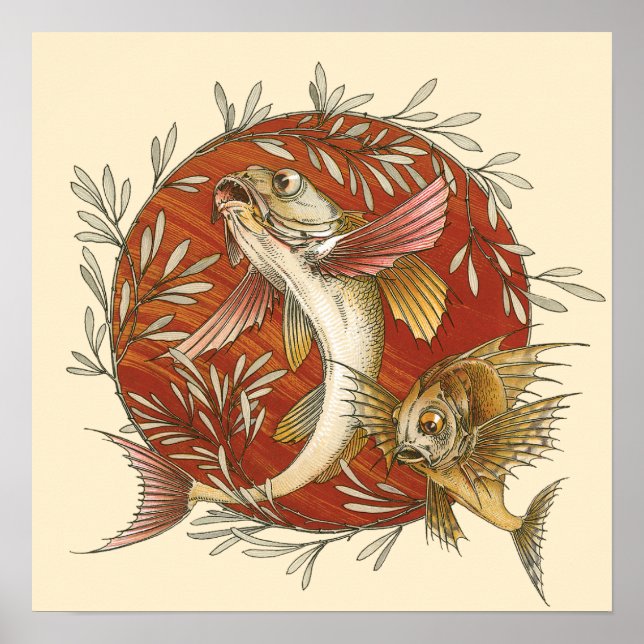 Poster Peixe Voador Japonês Antigo com Folhas de Bambu (Frente)