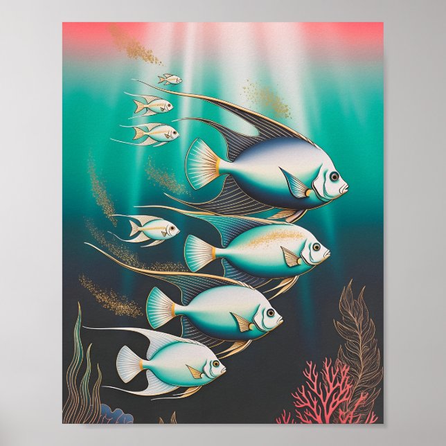 Poster Peixes-Anjo Elegantes Nadando no Oceano Profundo (Frente)