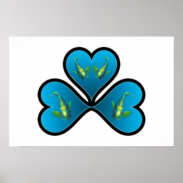 Poster Peixes-anjo Gêmeos - 3 Corações Azuis com Bordas P (Frente)
