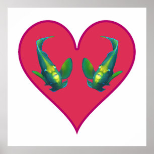 Poster Peixes-Anjo Gêmeos em um Coração Vermelho - Ilustr