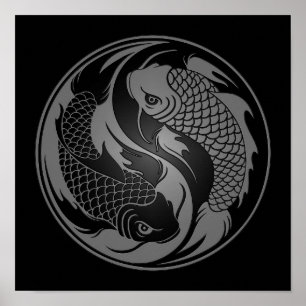 Póster Peixes cinzentos e pretos de Yin Yang Koi