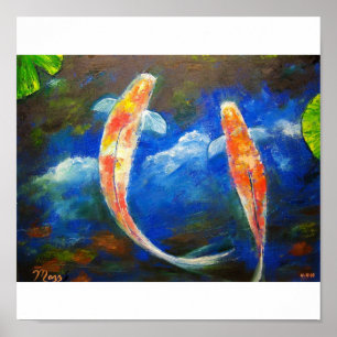 Póster Peixes de Koi com arte das reflexões da nuvem