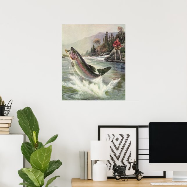 Poster Peixes De Trutas Arco-Íris Vintage, Pesca Pescador (Escritório em casa)