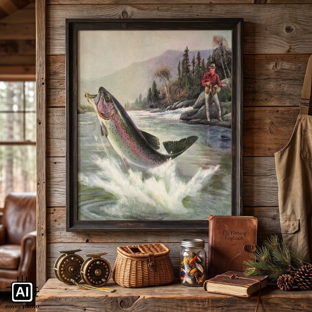 Poster Peixes De Trutas Arco-Íris Vintage, Pesca Pescador (Vintage illustration sports design featuring a fisherman fishing in a river for rainbow trout.)
