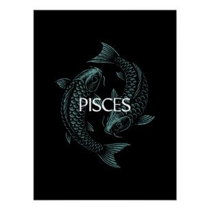 Póster Peixes do Zodíaco – Peixes Antigos em Azul Turques