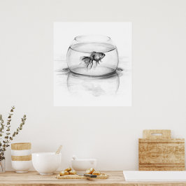 Poster Peixes dourados em tigela e água Desenho a lápis a