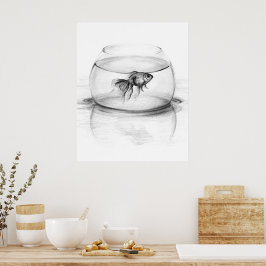 Poster Peixes dourados em tigela e água Desenho a lápis a