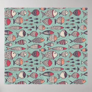 Poster Peixes engraçados: padrão sem costura desenhado à