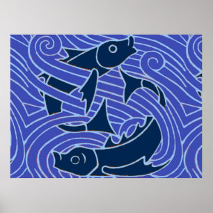 Póster Peixes Gráficos Azuis
