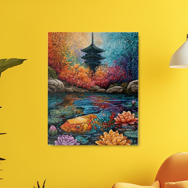 Póster Peixes Koi Arco-Íris Jardim Pagode Japonês (Criador carregado)
