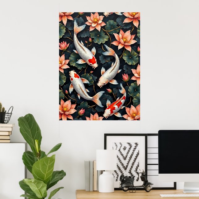 Poster Peixes Koi e Flores de Lotus (Escritório em casa)