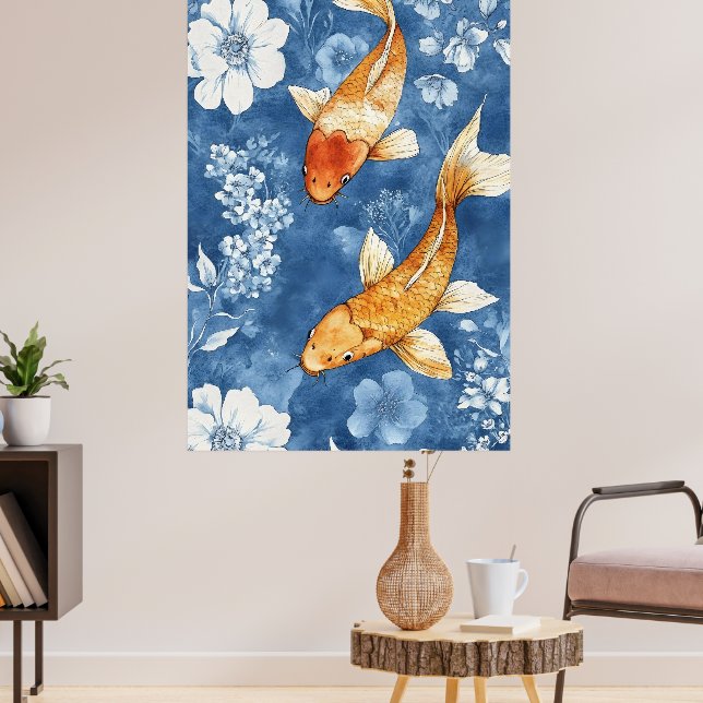 Poster peixes koi e o azul índigo profundo das flores (Sala de Estar 3)